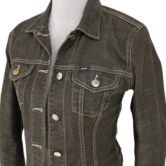 Gas Blue Jeans Jacket Womens Small Black Denim Button Up Pockets Stretch Cotton - Picture 9 of 16